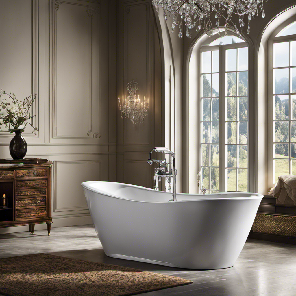 An image showcasing a luxurious, deep, oval-shaped bathtub, filled to the brim with crystal-clear water