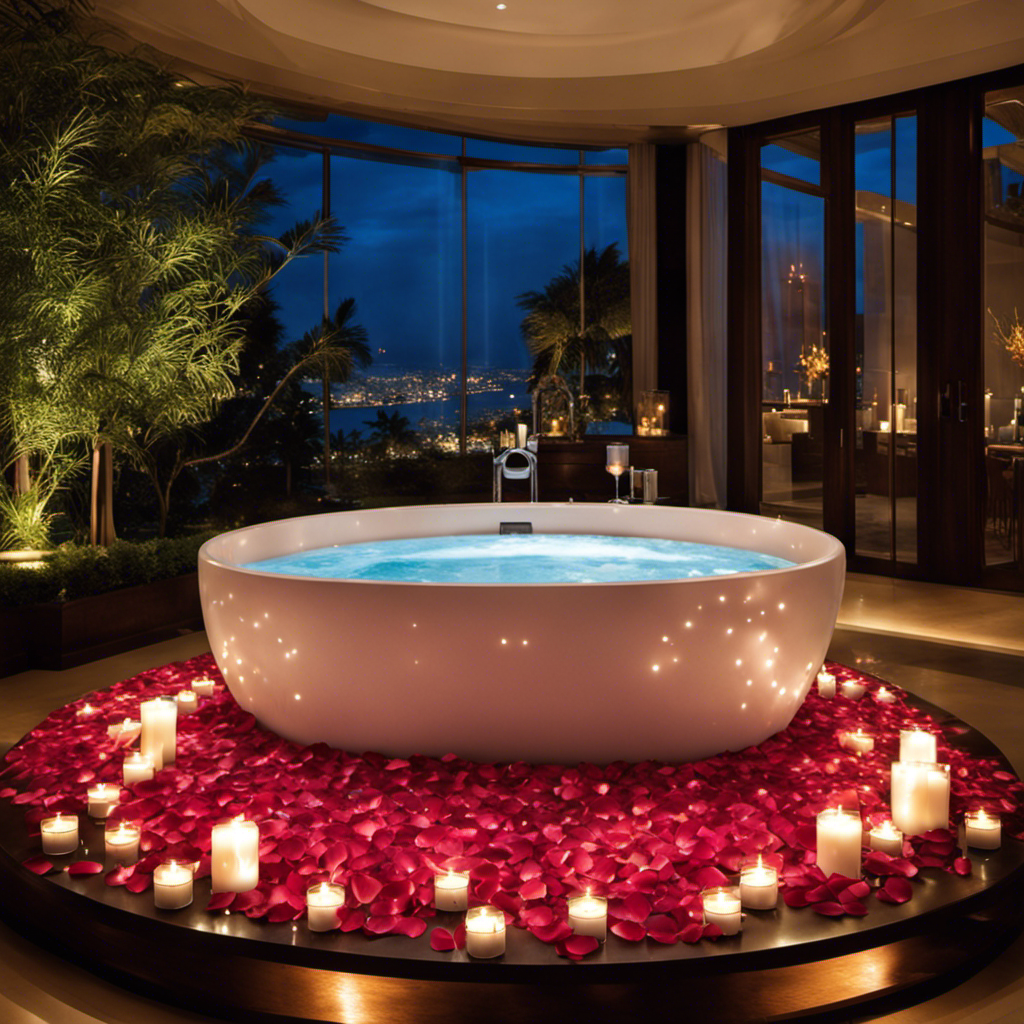 An image showcasing a spacious Jacuzzi bathtub filled with shimmering water up to the brim, adorned with rose petals and surrounded by flickering candles, exuding an ambiance of relaxation and luxury