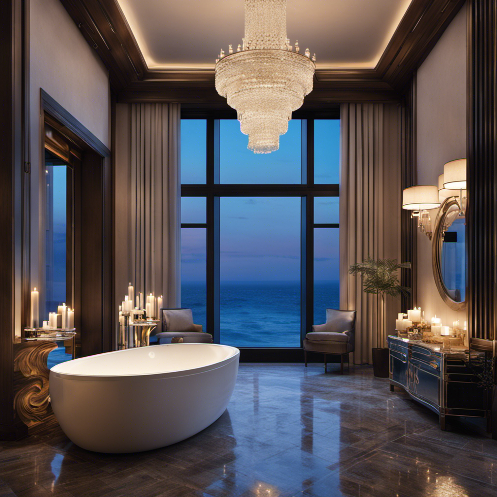 An image showcasing a spacious, luxurious bathtub brimming with an opulent sea of water, reflecting the soft glow of surrounding candles, enticing readers to discover the vast capacity hidden within