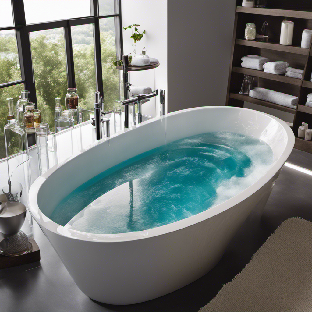 An image showcasing a standard bathtub filled to the brim with crystal-clear water, accompanied by various measuring containers—graduated cylinders, jugs, and buckets—highlighting the process of determining the exact volume in gallons