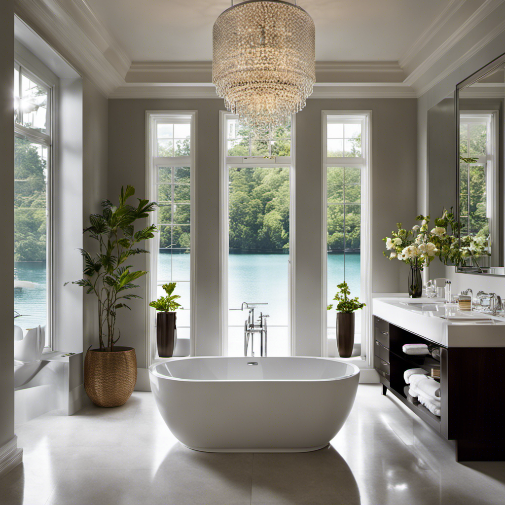 An image capturing the serene scene of a modern bathroom, showcasing a standard-sized bathtub filled with crystal-clear water