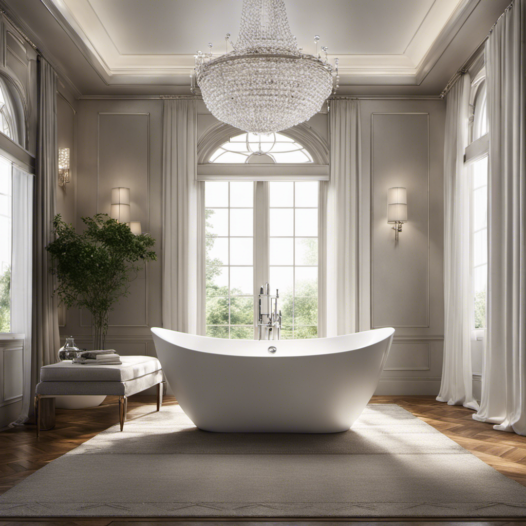 An image that showcases a serene bathroom scene: a large, white porcelain bathtub filled to the brim with crystal-clear water, reflecting the ambient light, inviting readers to guess the exact number of gallons it can hold