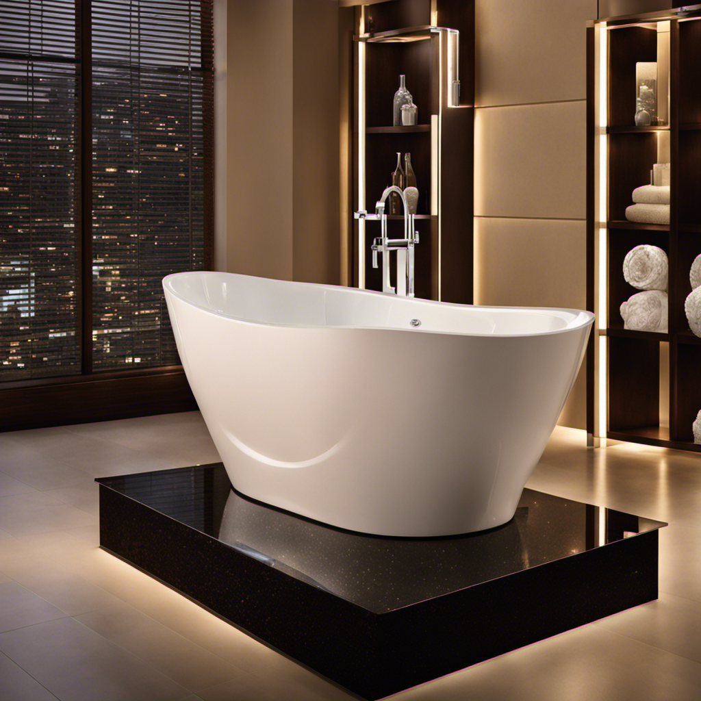 An image showcasing a spacious, white porcelain bathtub brimming with crystal-clear water, reflecting the soft glow of ambient lighting, inviting readers to ponder the voluminous capacity of an average bathtub