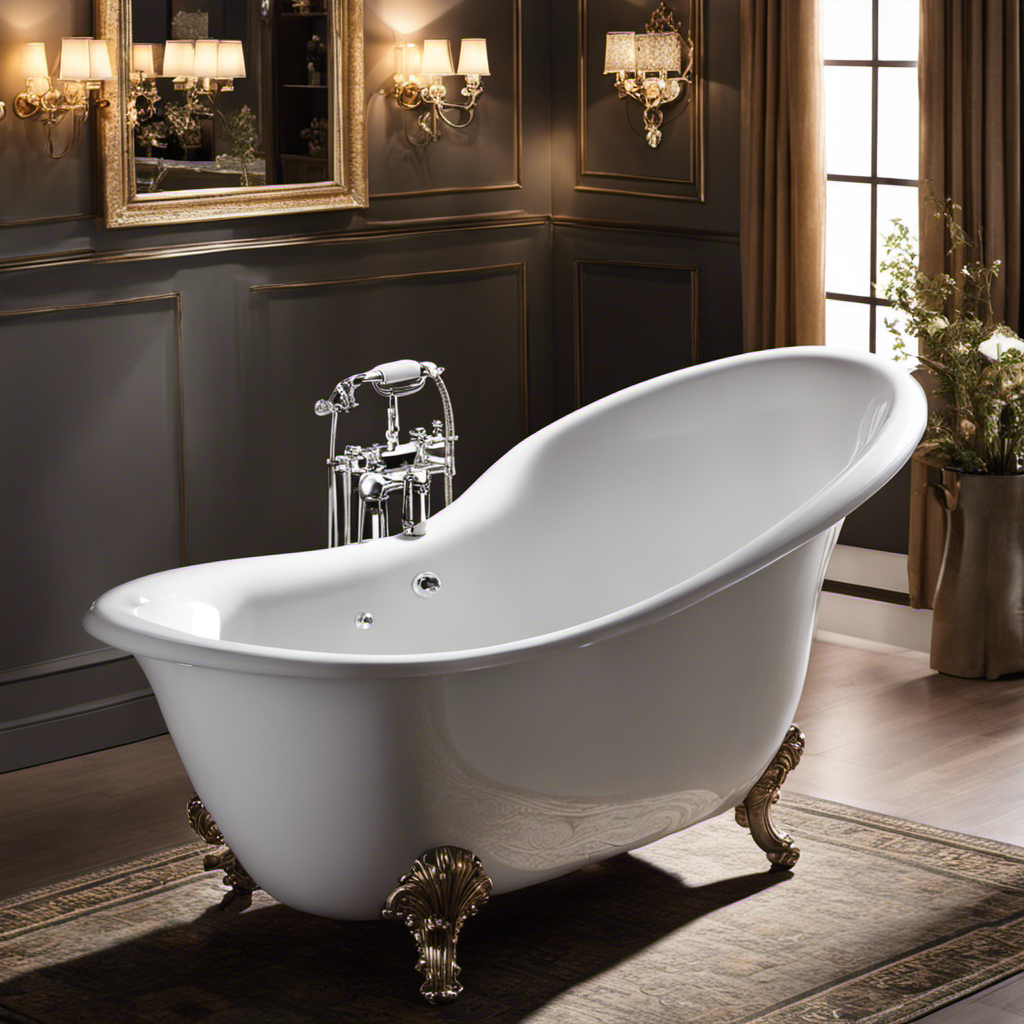 An image showcasing a spacious, white porcelain bathtub filled to the brim with crystal-clear water, reflecting the soft glow of candlelight