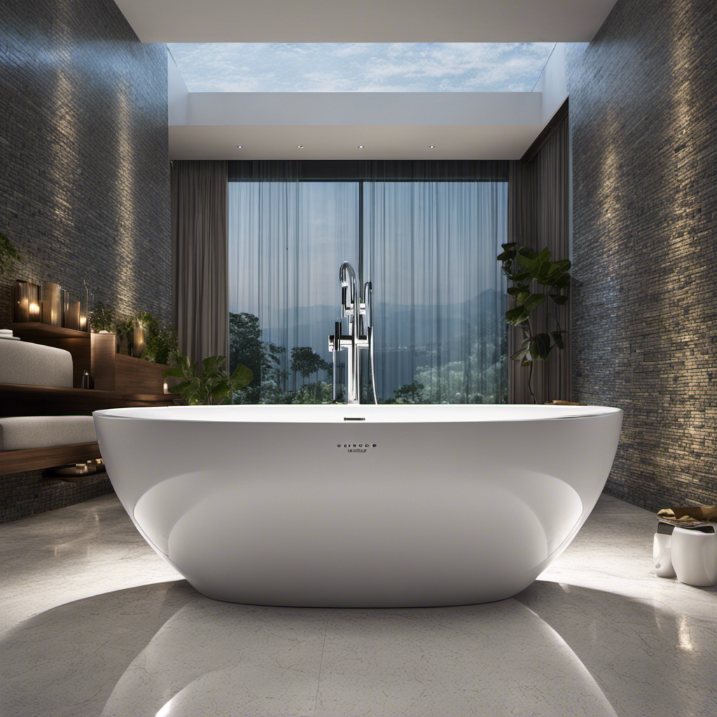 An image showcasing a standard bathtub brimming with crystal-clear water, adorned with sleek chrome faucets and surrounded by gleaming tiles