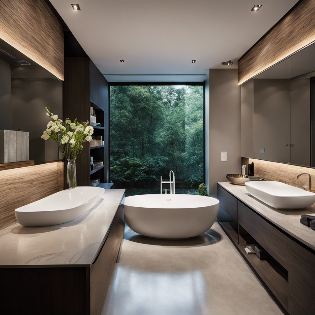 An image that showcases a sleek, modern bathroom with a spacious bathtub