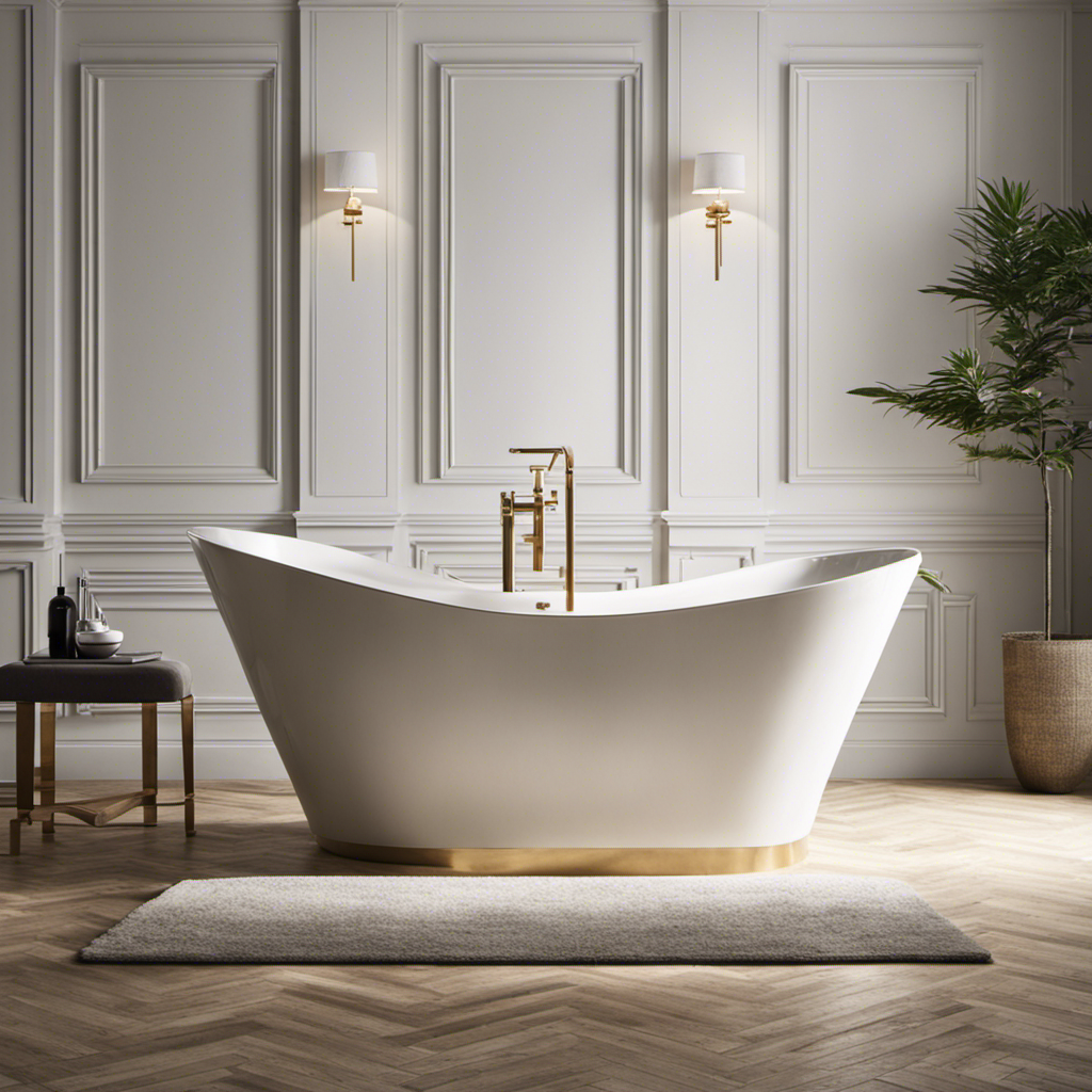 An image showcasing a serene bathroom scene with a luxurious, freestanding bathtub