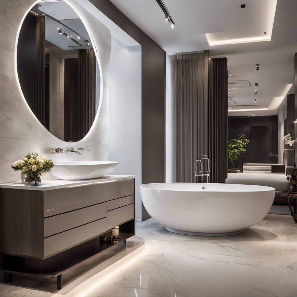 An image showcasing a spacious bathroom with a modern, white porcelain bathtub, complete with sleek, curved edges, double-ended design, and a deep interior, evoking a sense of luxury and relaxation