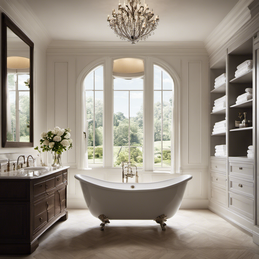 An image showcasing a serene bathroom scene with a spacious, white porcelain bathtub