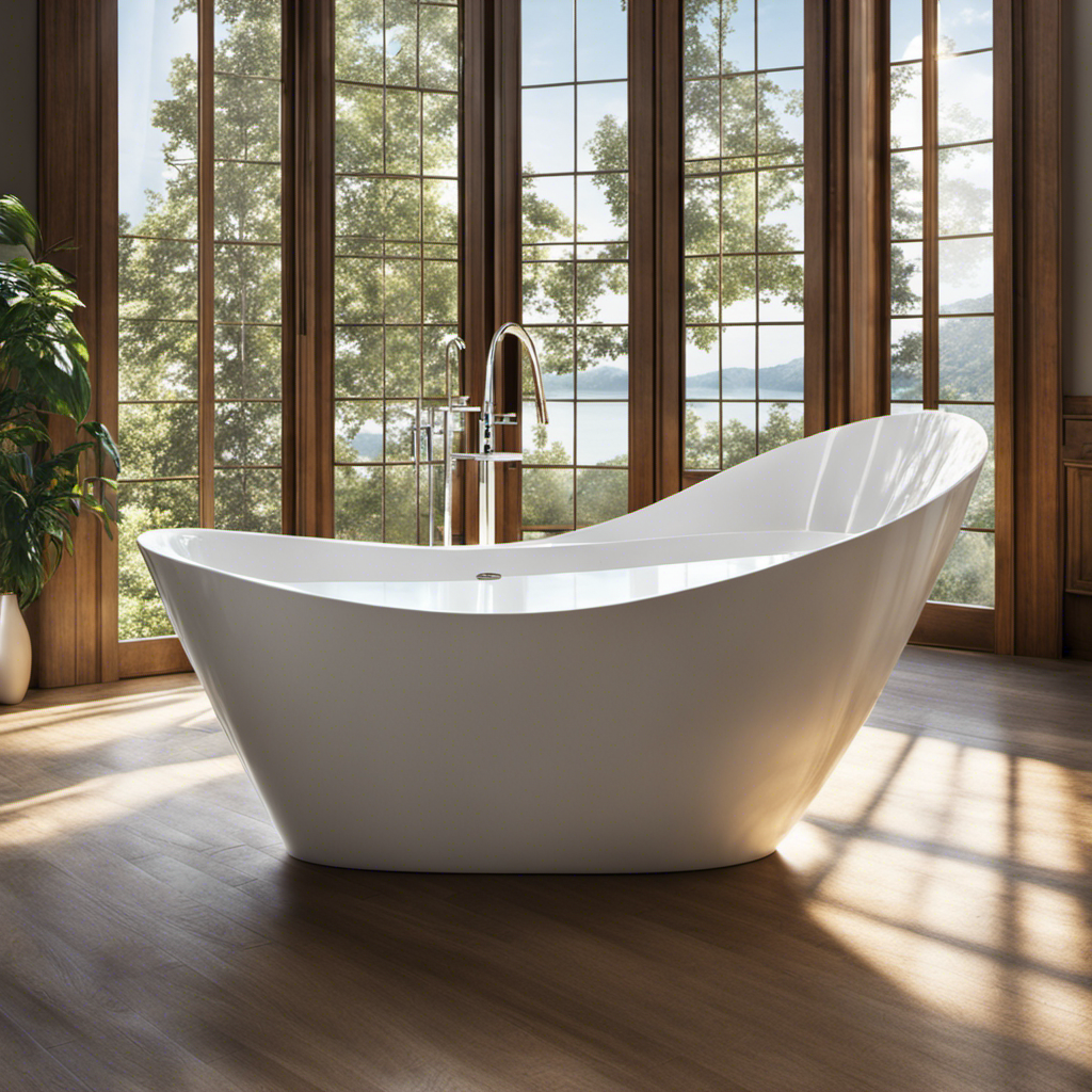 An image that showcases a pristine white bathtub, filled to the brim with crystal-clear water, reflecting the gentle glow of sunlight filtering through a nearby window, evoking curiosity about its voluminous capacity