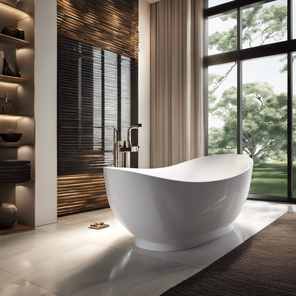 An image capturing a modern, white porcelain bathtub, filled to the brim with clear water, elegantly reflecting ambient light