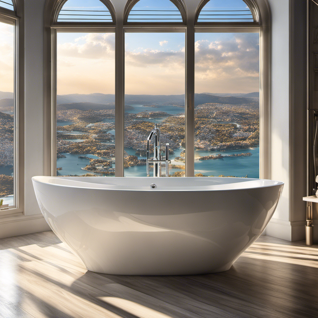 An image showcasing a pristine white bathtub brimming with crystal-clear water, gently reflecting the sunlight streaming through a nearby window