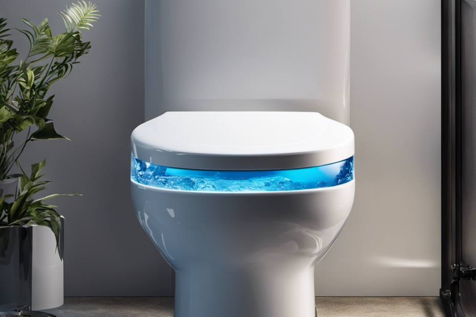 An image showcasing a close-up view of a toilet tank with a transparent blue water level, revealing the exact measurement of gallons being flushed, while capturing the intricate flushing mechanism in action