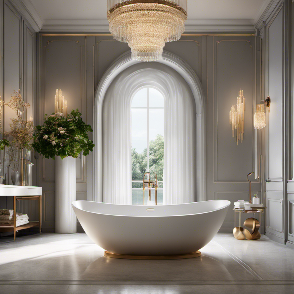An image showcasing a serene bathroom scene with a modern, freestanding bathtub filled to the brim with crystal-clear water, reflecting the soft glow of natural light pouring through a nearby window
