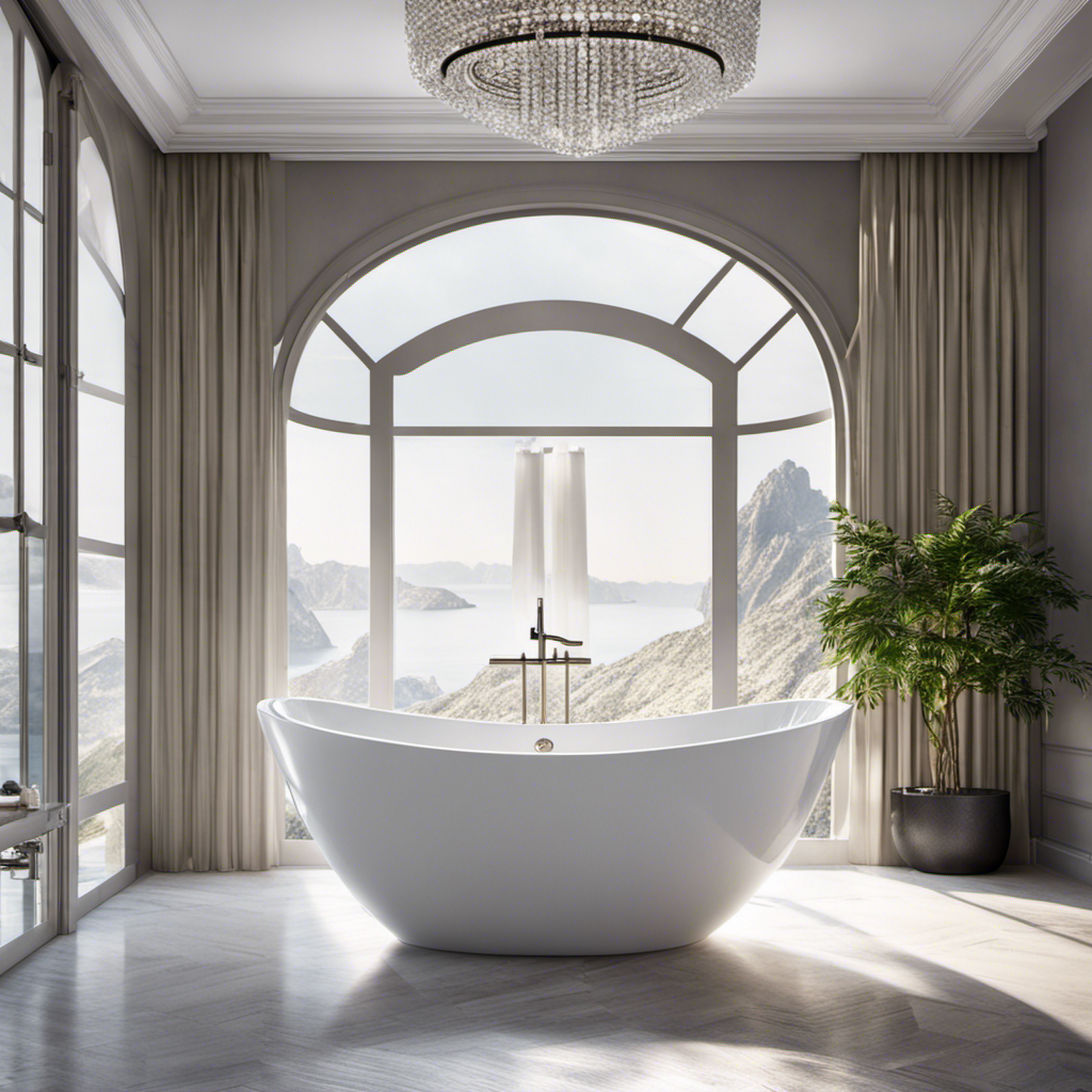 An image of a pristine white bathtub filled to the brim with crystal-clear water, reflecting the sunlight streaming through a nearby window