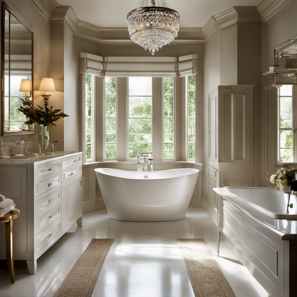 An image capturing a serene bathroom scene, showcasing a pristine white bathtub brimming with crystal-clear water, gently reflecting the natural light pouring in through a nearby window