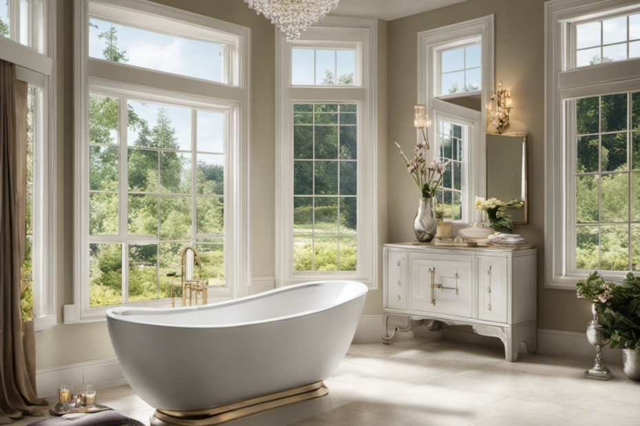 An image showcasing a serene bathroom scene with a tranquil, deep bathtub filled to the brim with crystal-clear water, emanating an inviting ambiance that beckons relaxation and prompts curiosity about its gallon capacity