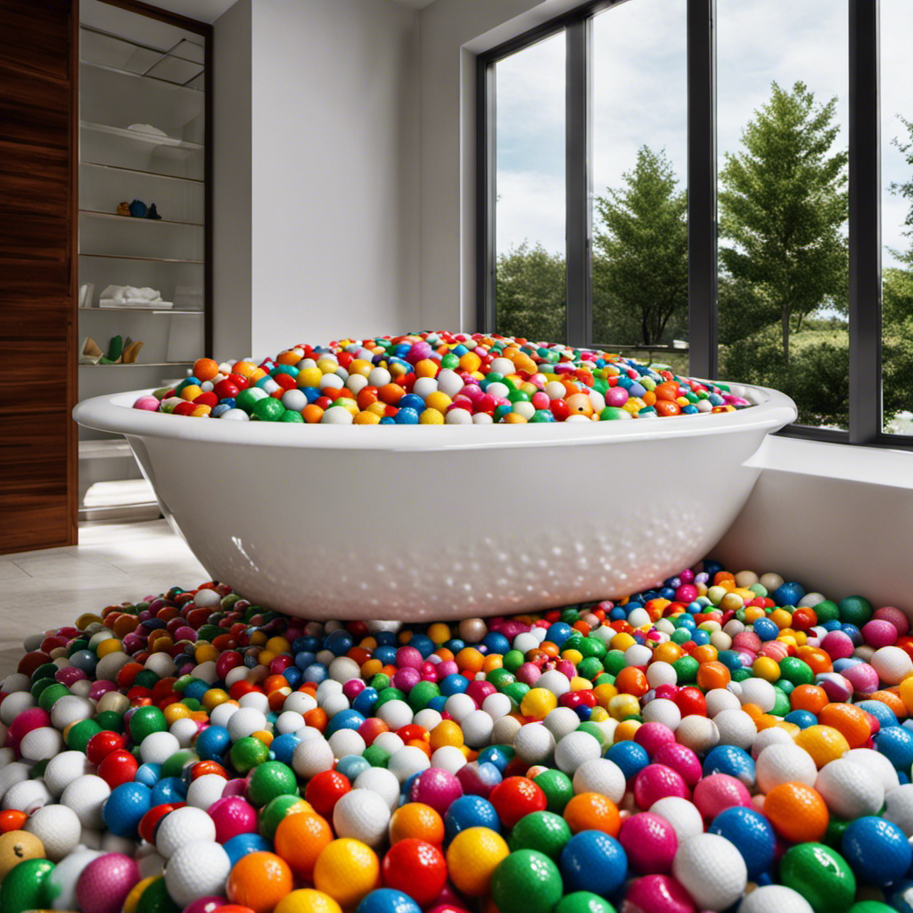 An image where a pristine white bathtub overflows with an assortment of colorful golf balls, filling every inch of space from the porcelain surface to the brim, captivating the viewer's curiosity about the number of balls it holds
