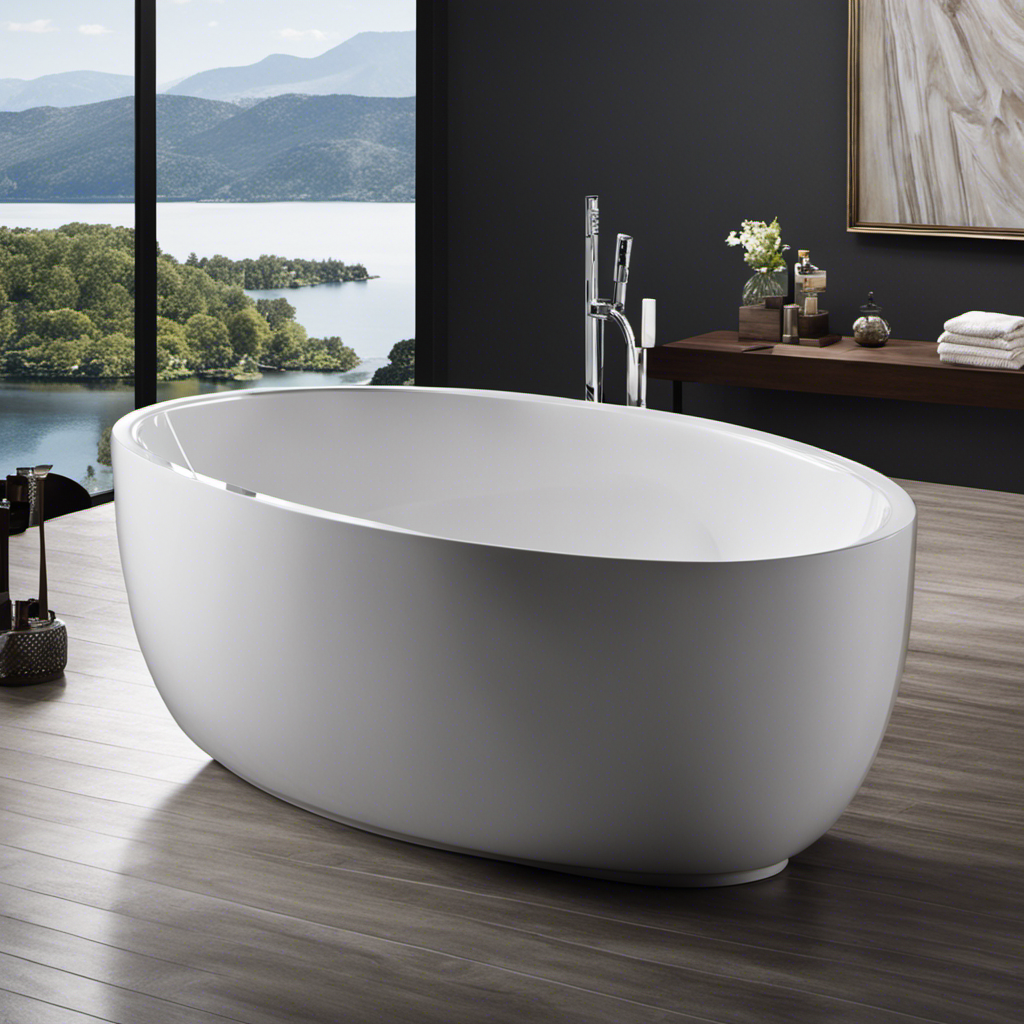 An image that captures the essence of a bathtub's capacity, showcasing its elegant curves, smooth porcelain surface, and overflowing water streaming down its sides, leaving no doubt about its voluminous capacity