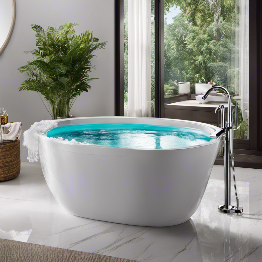 An image featuring a spacious bathtub brimming with crystal-clear water, accompanied by a measuring jug pouring liters of liquid, showcasing the precise measurement required to fill the tub to the brim