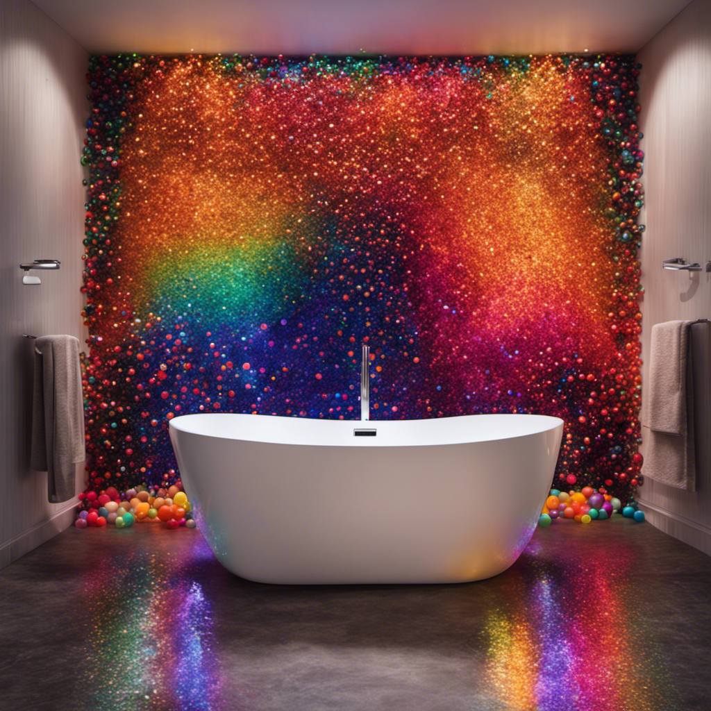 An image showcasing a bathtub brimming with an ocean of vibrant Orbeez, shimmering under soft, diffused lighting