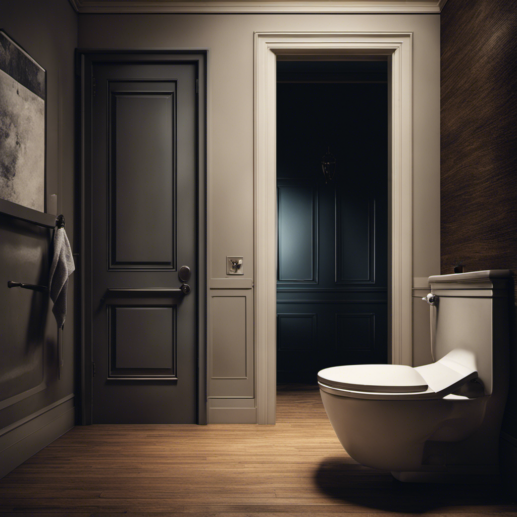 An image showcasing a dimly lit bathroom with a partially open door, revealing a lifeless hand hanging from the toilet