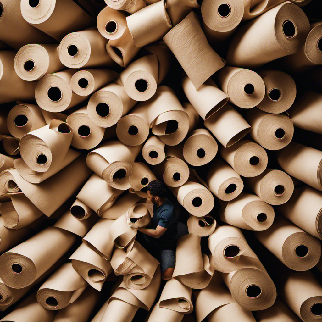 An image showcasing a stack of toilet paper rolls, neatly arranged in a pyramid formation, surrounded by individuals representing different demographics
