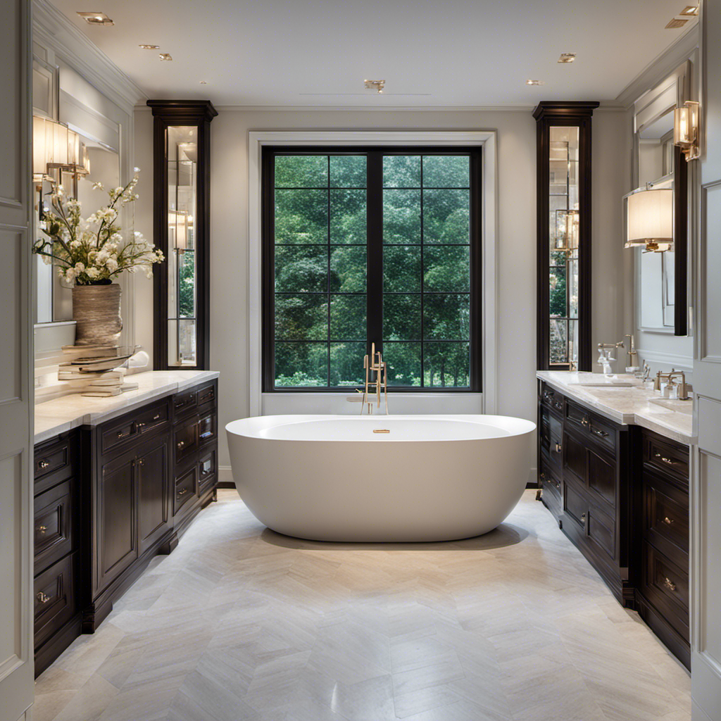 An image showcasing a spacious bathroom with a luxurious bathtub as the focal point