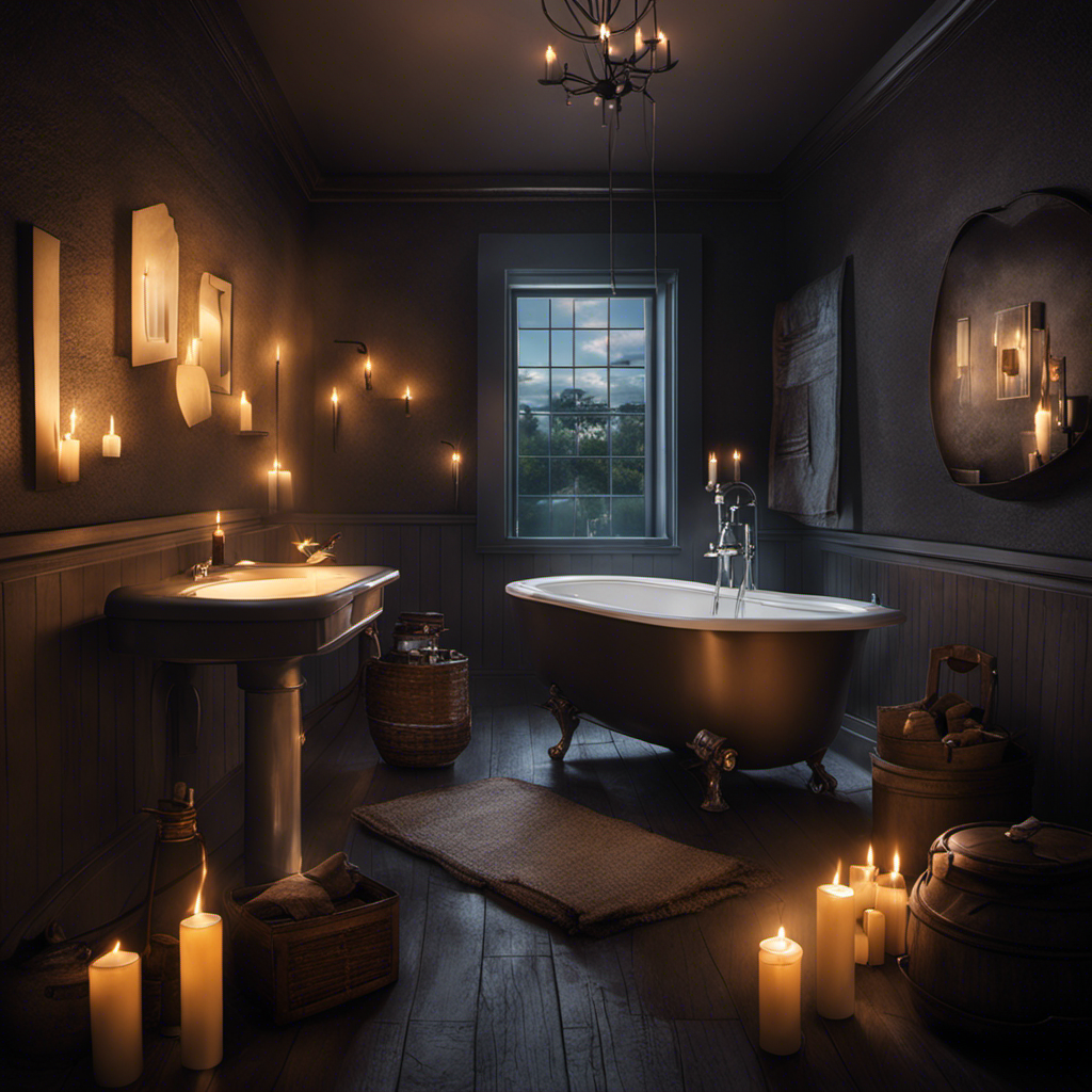 An image capturing a dimly lit bathroom with a closed toilet lid, surrounded by candles and a bucket filled with water nearby