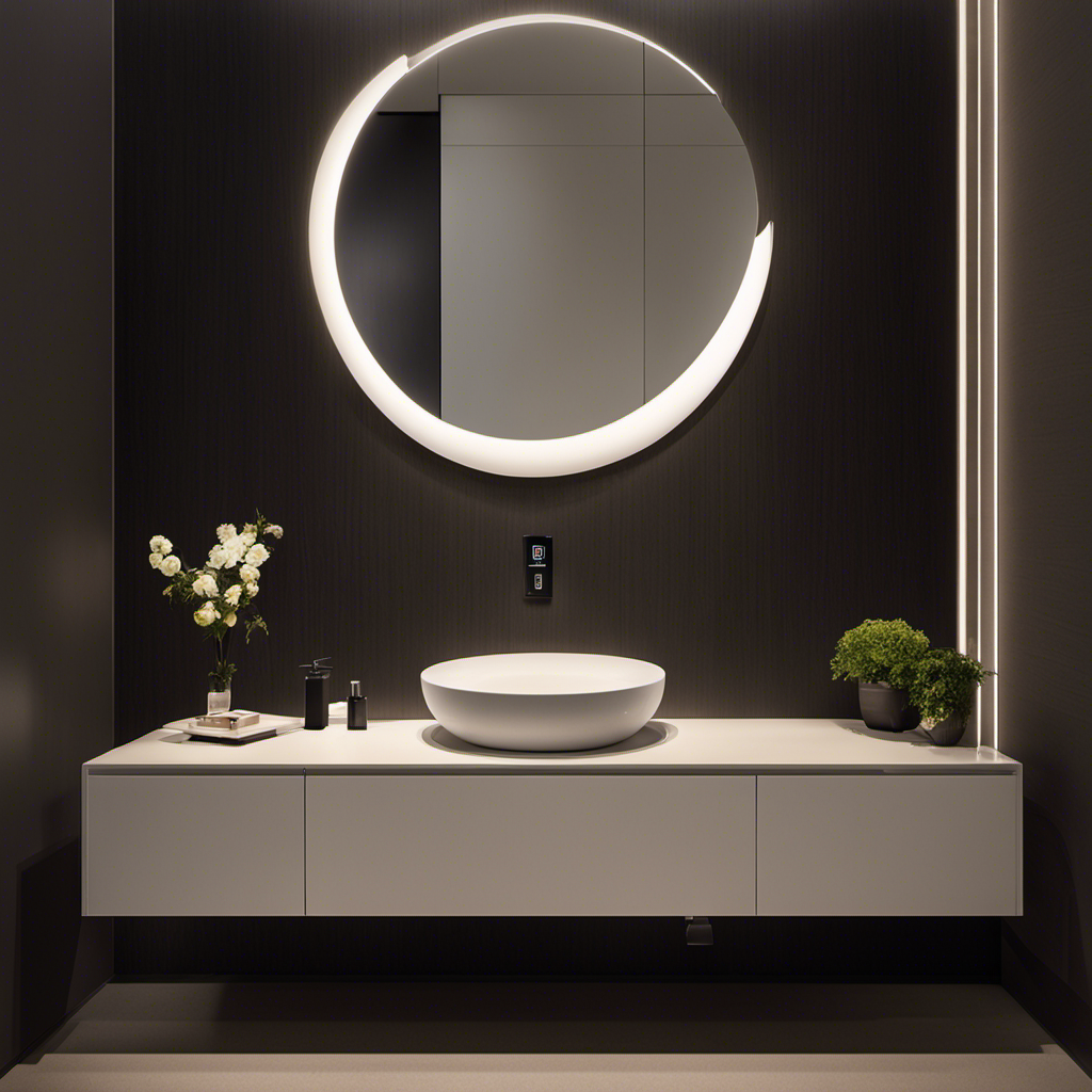 An image that depicts a dimly lit bathroom with a closed toilet lid, showcasing a wall-mounted counter nearby