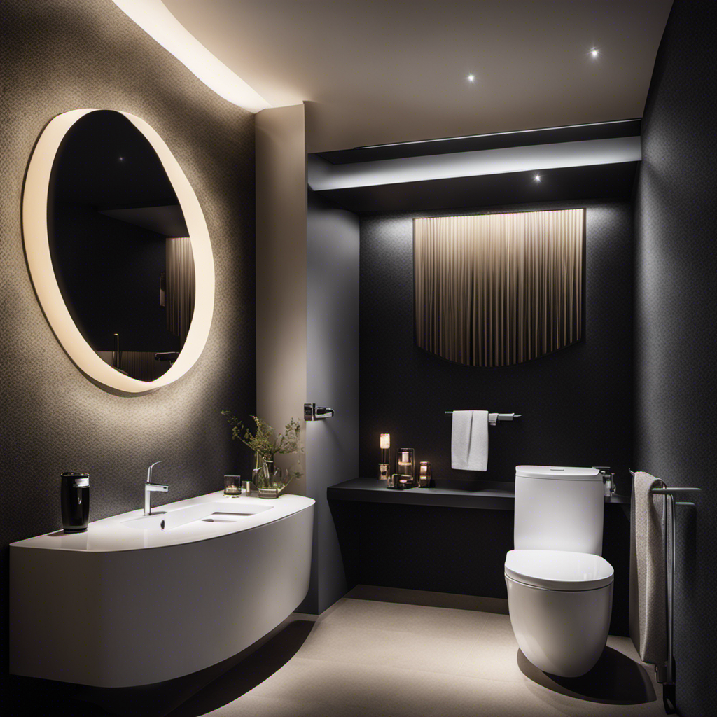 An image capturing a dimly lit bathroom with a flushed toilet