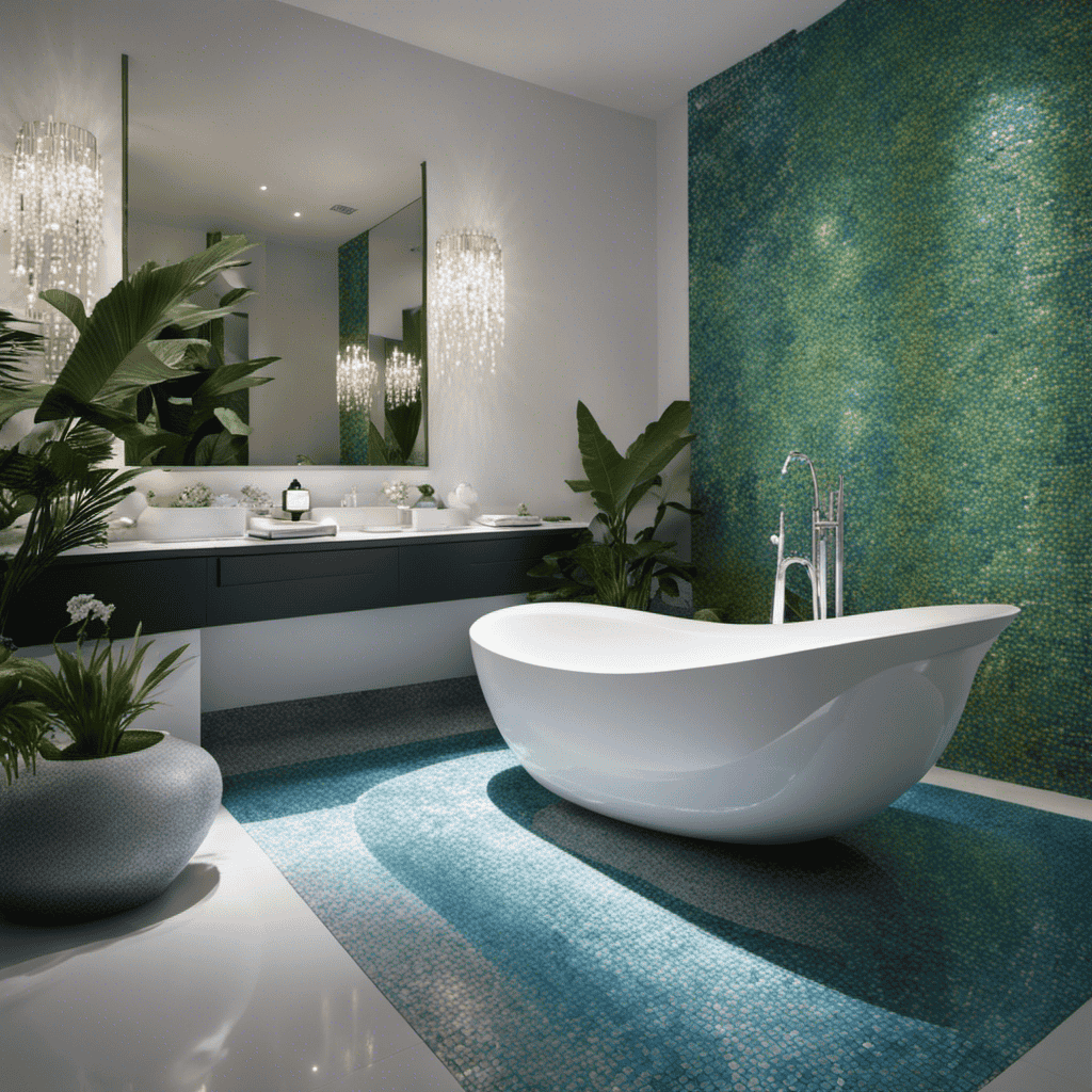 An image that showcases a luxurious, freestanding bathtub made of gleaming white porcelain, surrounded by elegant, mosaic tiles in shades of blue and green