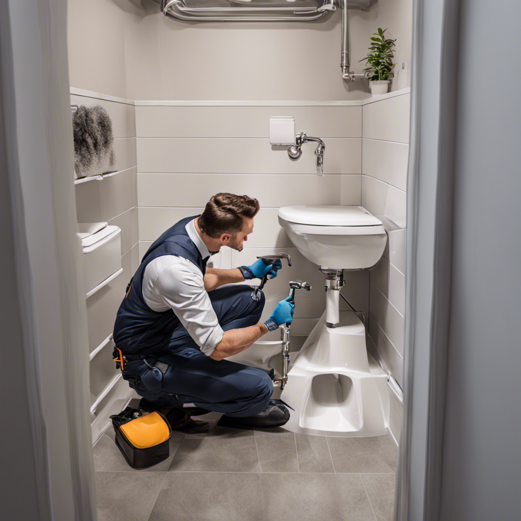 An image showcasing a professional plumber skillfully installing a toilet in a modern bathroom