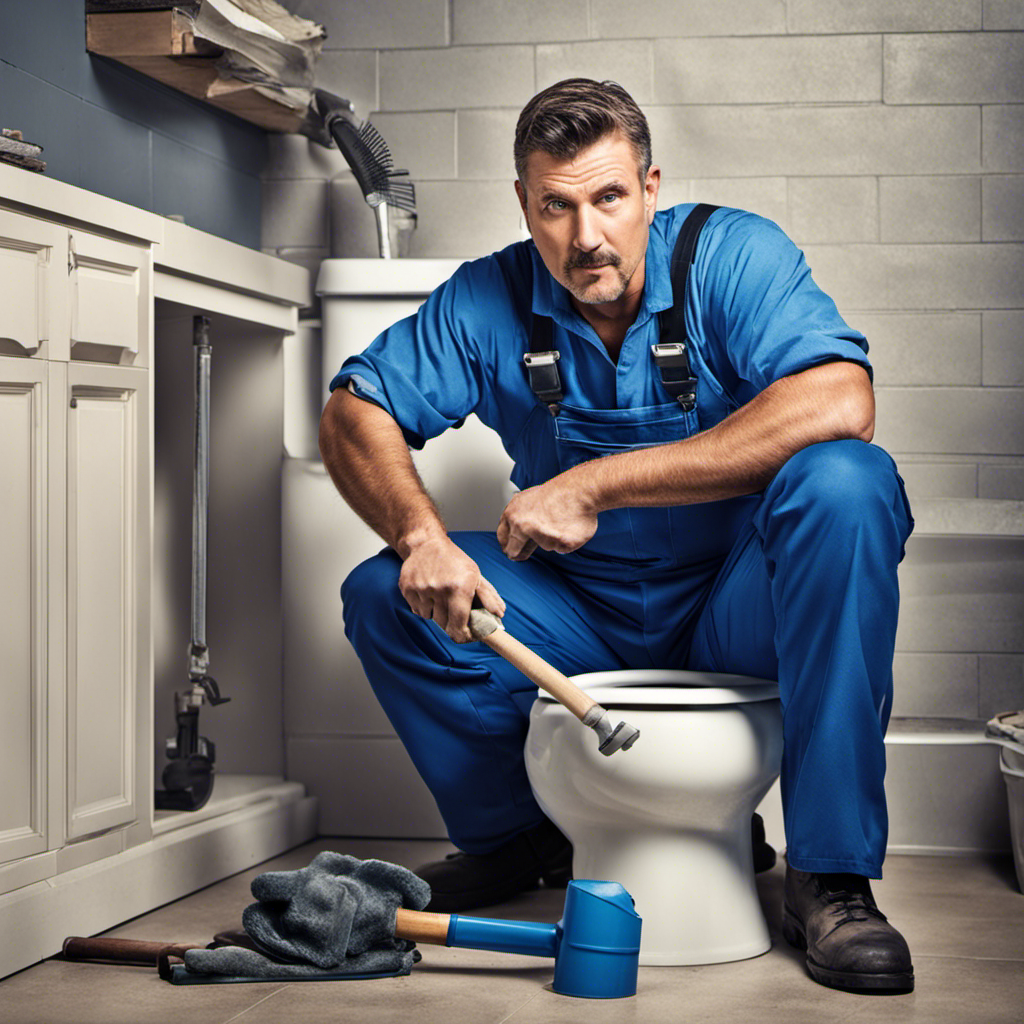 An image depicting a plumber wearing blue overalls, kneeling beside a clogged toilet with a plunger in hand
