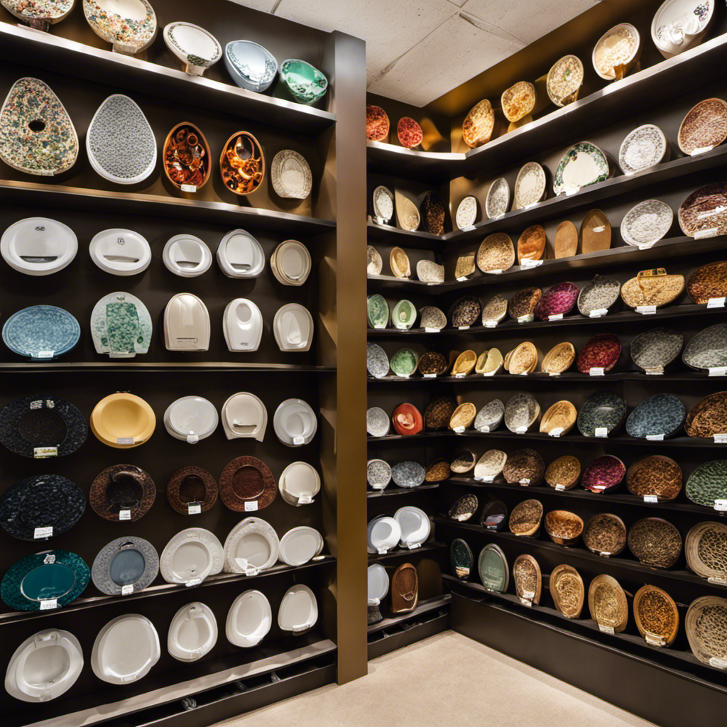 An image that showcases a variety of toilet seats displayed on shelves in a home improvement store