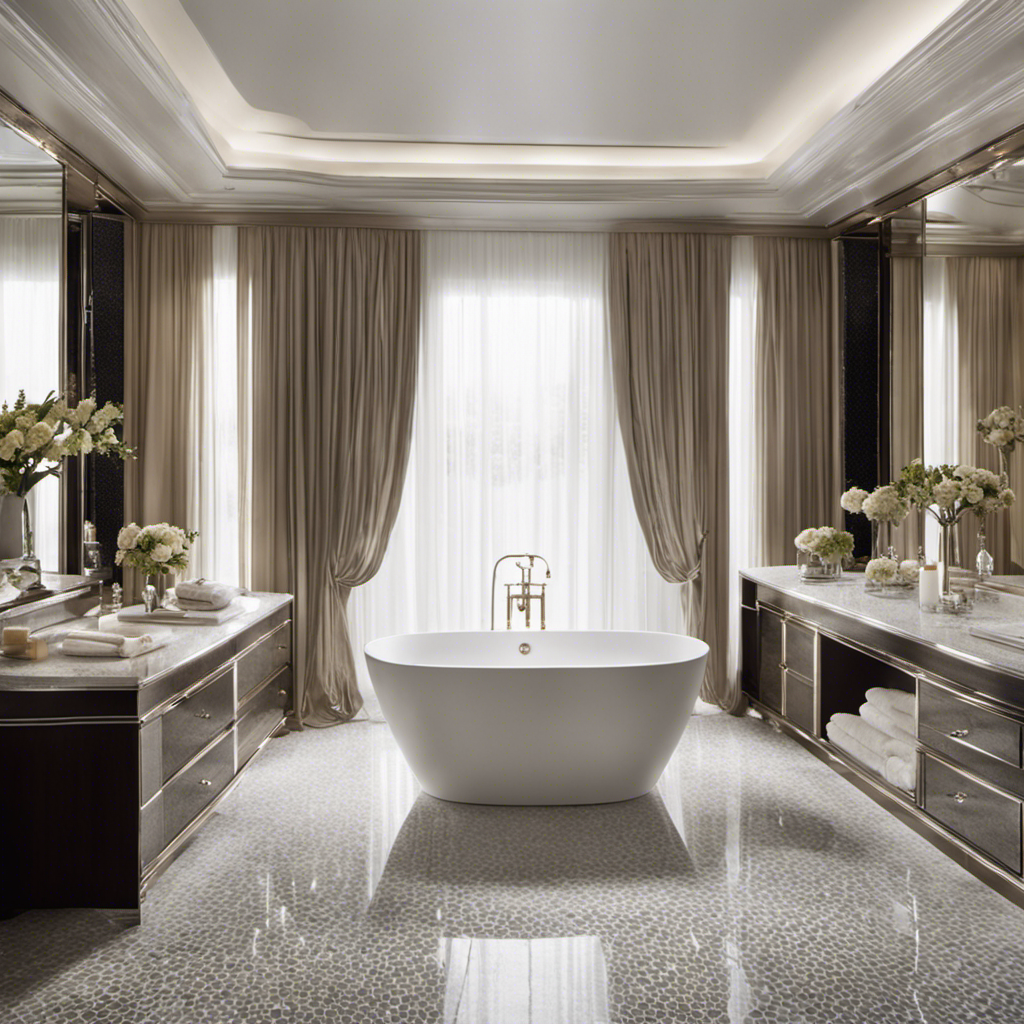 An image that showcases a luxurious, freestanding bathtub made of gleaming white porcelain, adorned with sleek chrome fixtures, and surrounded by a backdrop of elegant mosaic tiles and a plush towel, evoking a sense of opulence and relaxation