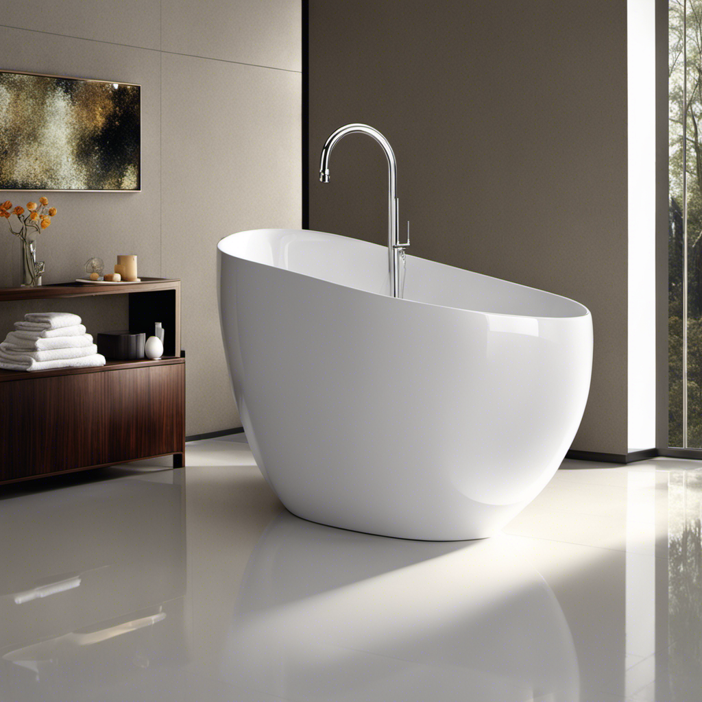 An image showcasing a sturdy, white porcelain bathtub brimming with crystal-clear water, forming delicate ripples on the surface