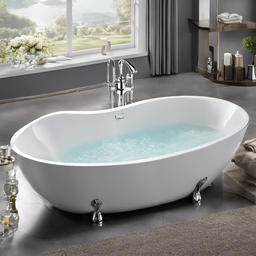 An image showcasing a luxurious, sleek bathtub filled to the brim with soothing, bubbly water