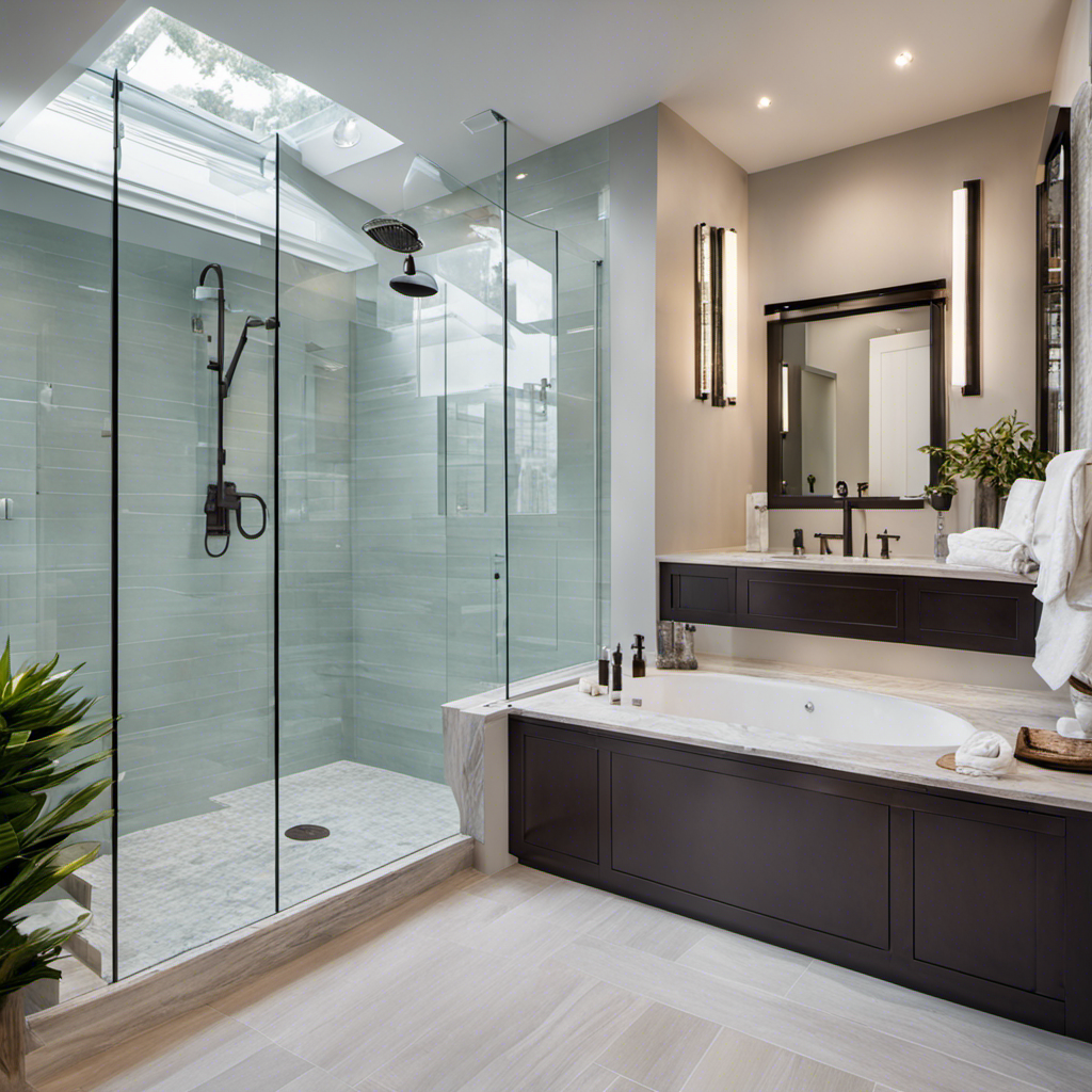 An image showcasing a modern bathroom with a stunning glass-enclosed walk-in shower, elegantly replacing an outdated bathtub