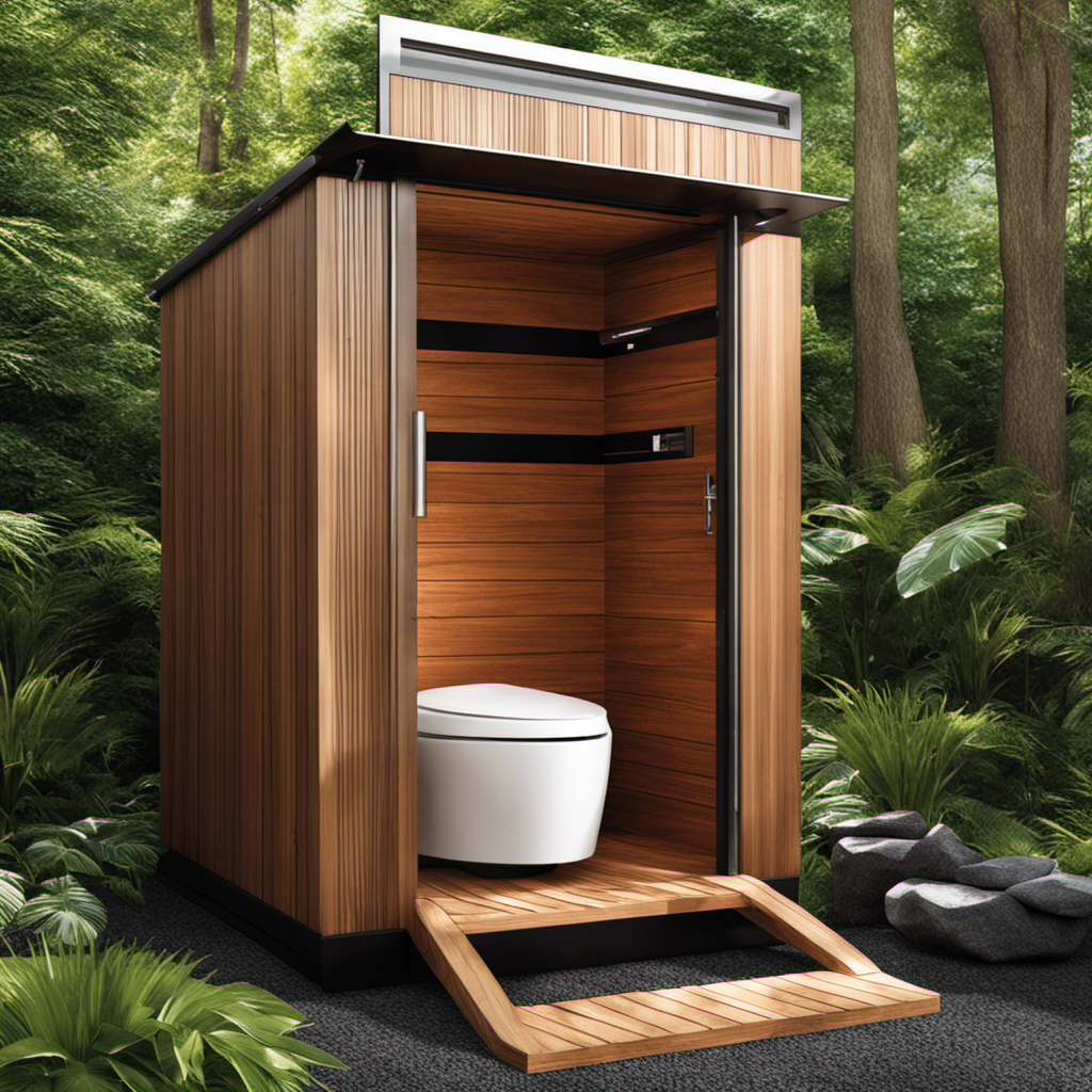 An image showcasing a modern composting toilet nestled in a lush backyard oasis