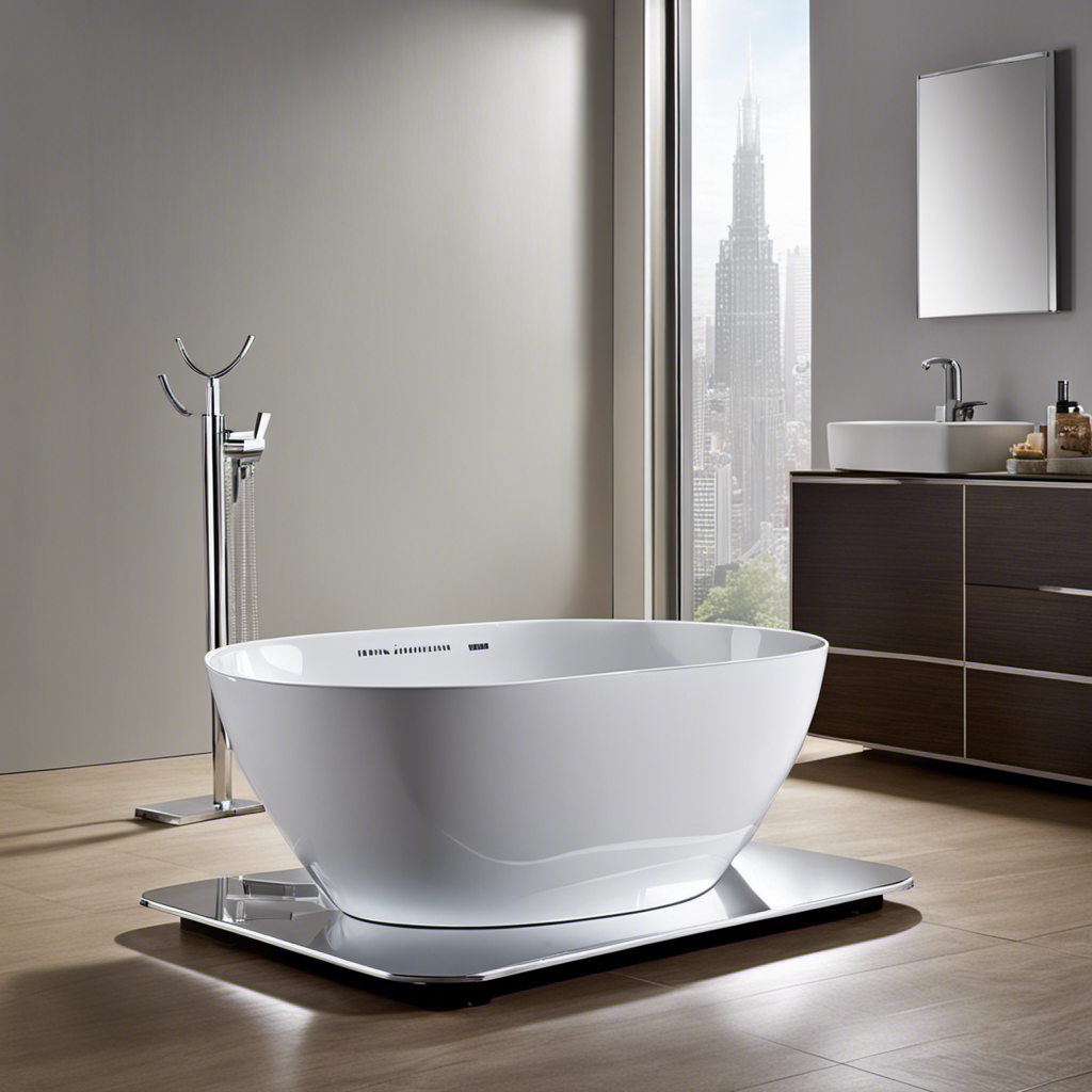 An image showcasing a sturdy bathroom scale with a gleaming silver dial and a large, fully filled bathtub atop it, water cascading gently over the sides, giving readers a visual representation of the weight of a full bathtub