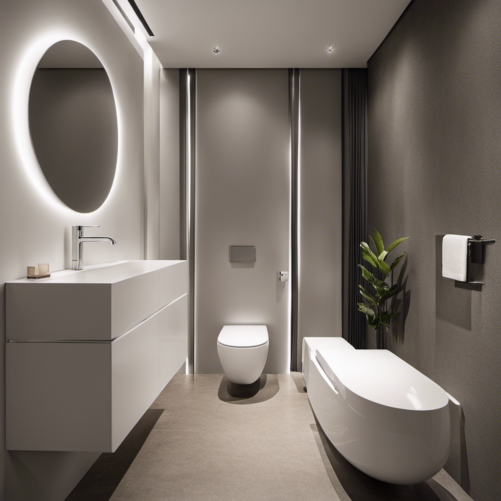 An image showcasing a modern bathroom with a sleek, white toilet as the focal point