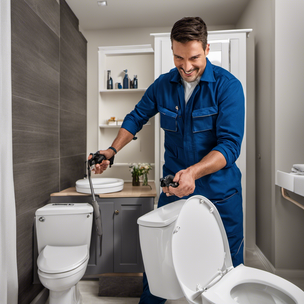 An image showing a plumber replacing a toilet in a bathroom, while a customer looks on with a satisfied expression