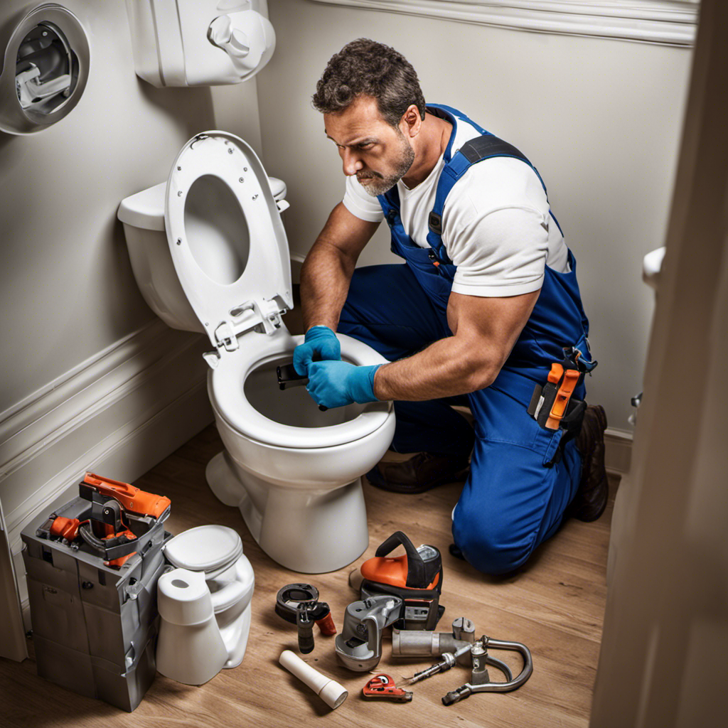 An image showcasing a plumber wearing a tool belt, crouched down next to a brand new toilet