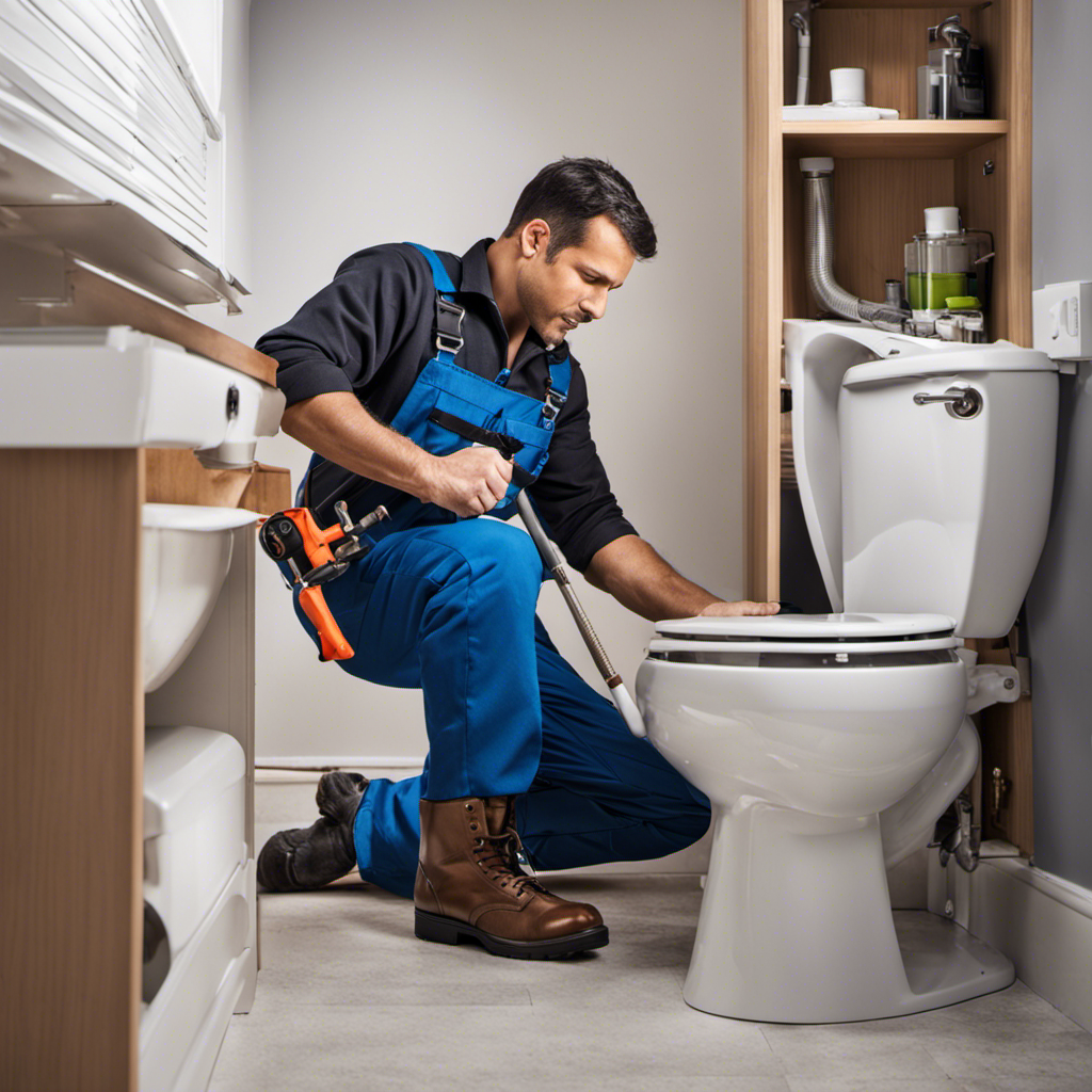 An image showing a professional plumber in action, skillfully replacing a toilet