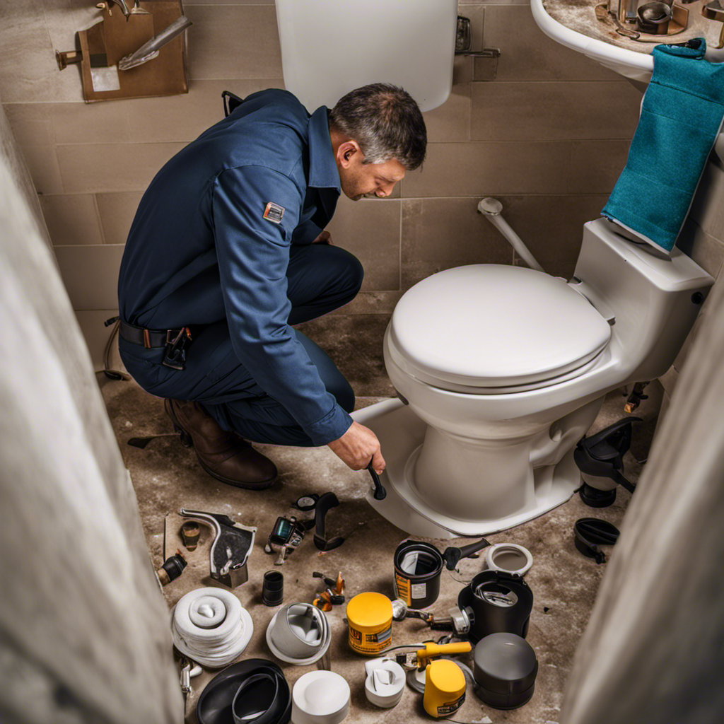 An image showing a plumber replacing a toilet, surrounded by various additional expenses like the cost of a new wax ring, a flange repair, and potential floor damage, highlighting the importance of considering these expenses when budgeting for a toilet replacement