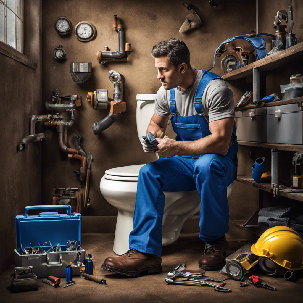 An image of a plumber in blue overalls, kneeling beside a toilet