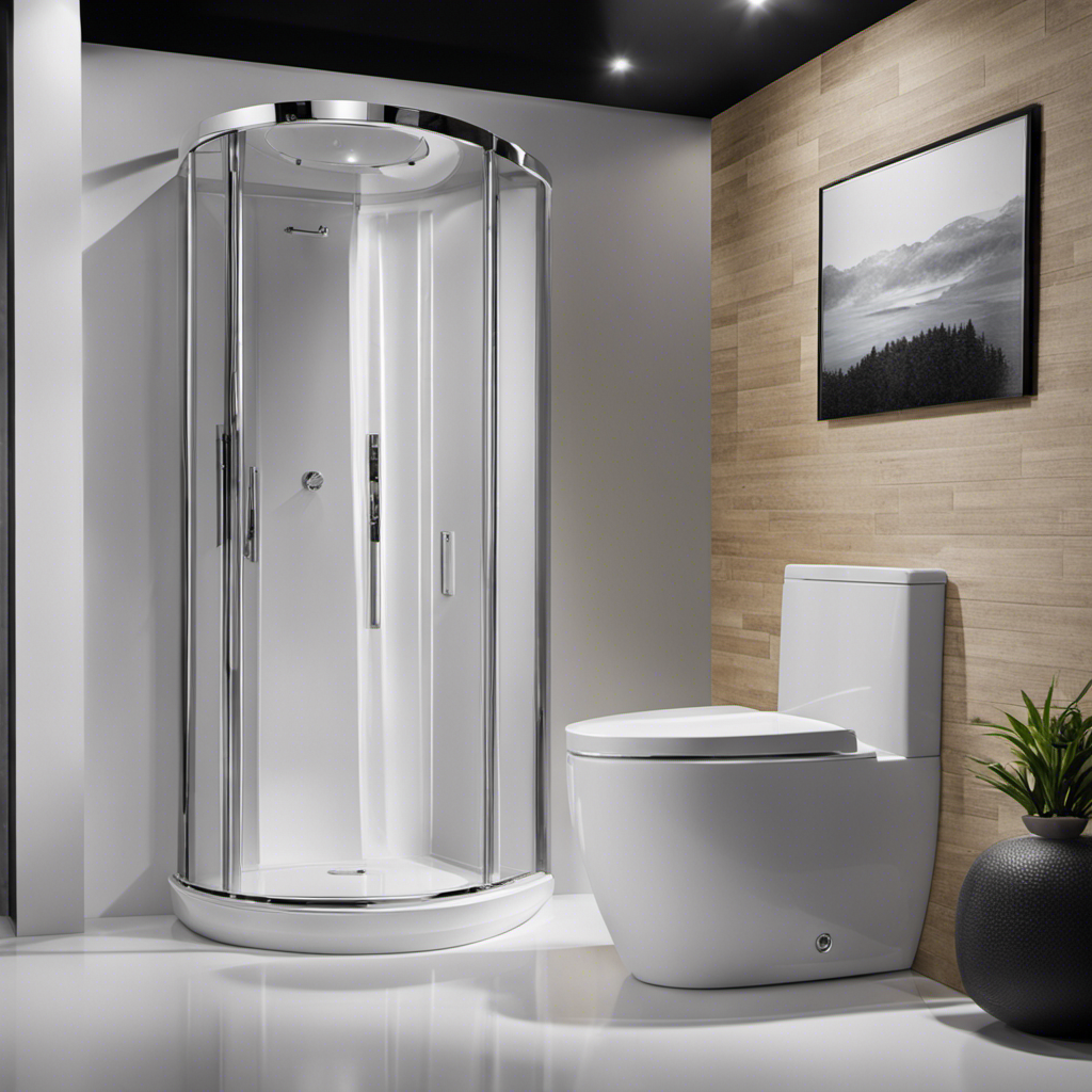 An image showcasing a modern bathroom, featuring a sleek, white porcelain toilet with a dual-flush system, surrounded by elegant tiles, a chrome flush handle, and a soft-closing seat cover