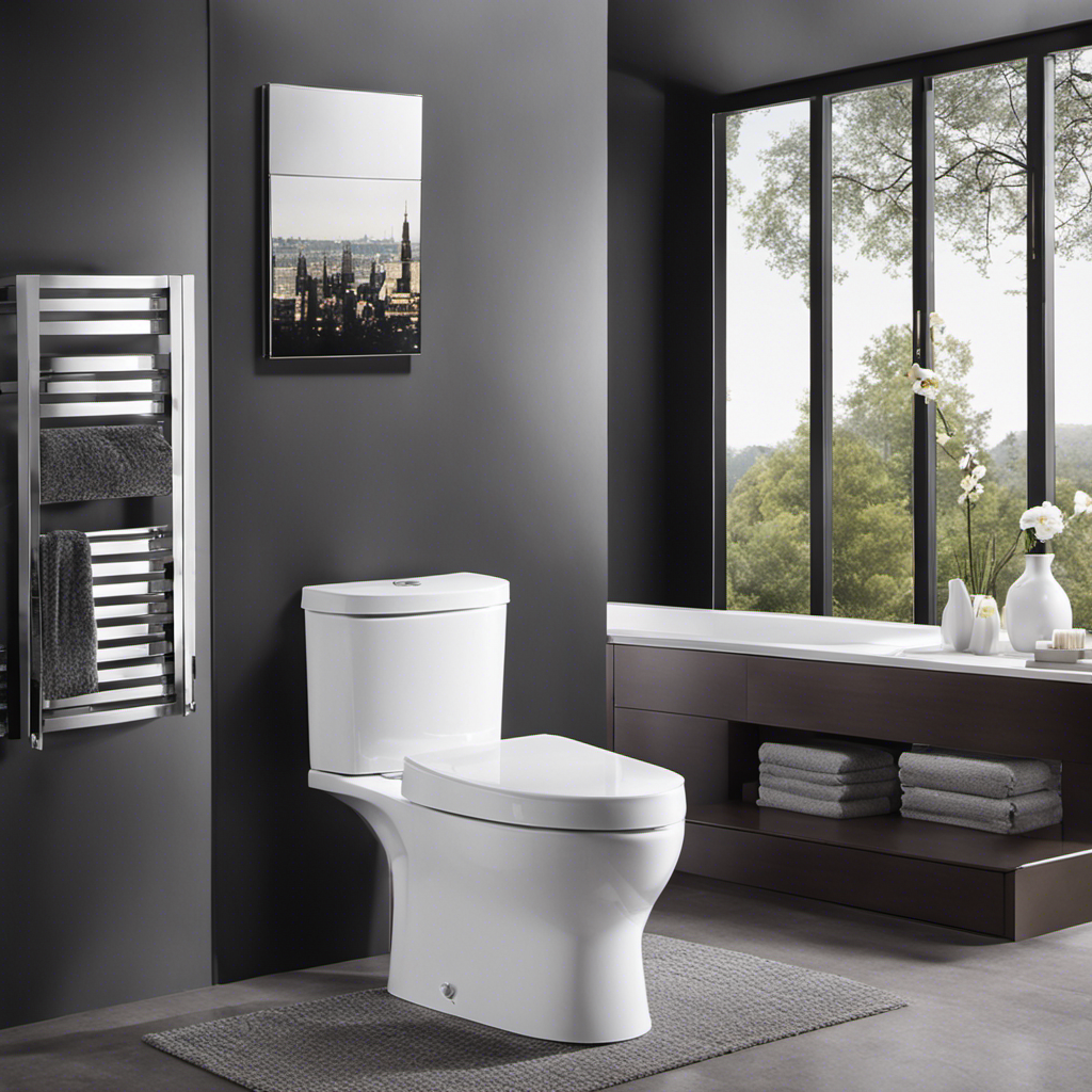 An image showcasing a sleek, modern bathroom with a white porcelain toilet seat, adorned with a chrome hinge and fitted perfectly onto a spotless, sparkling toilet bowl