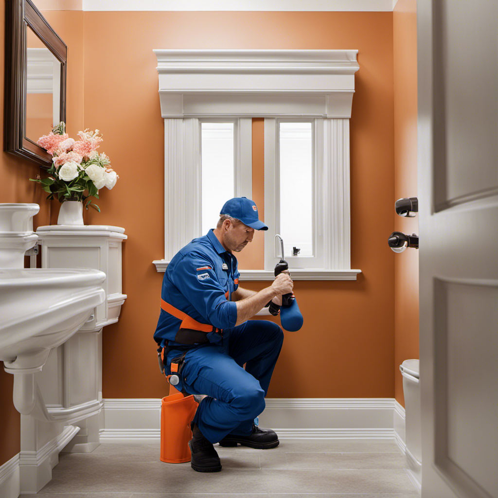 An image showcasing a professional plumber in action, installing a toilet in a bathroom